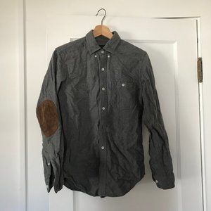 JCrew wool blend gray shirt, leather elbow patches